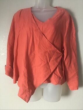 Bryn Walker Mia Linen Faux Wrap Lagenlook Blouse 3/4 Sleeves Large Orange